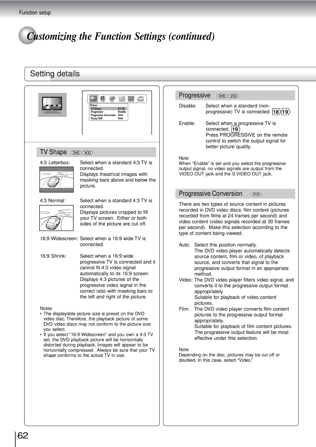 Toshiba SD-3960SU owner manual TV Shape, Progressive 