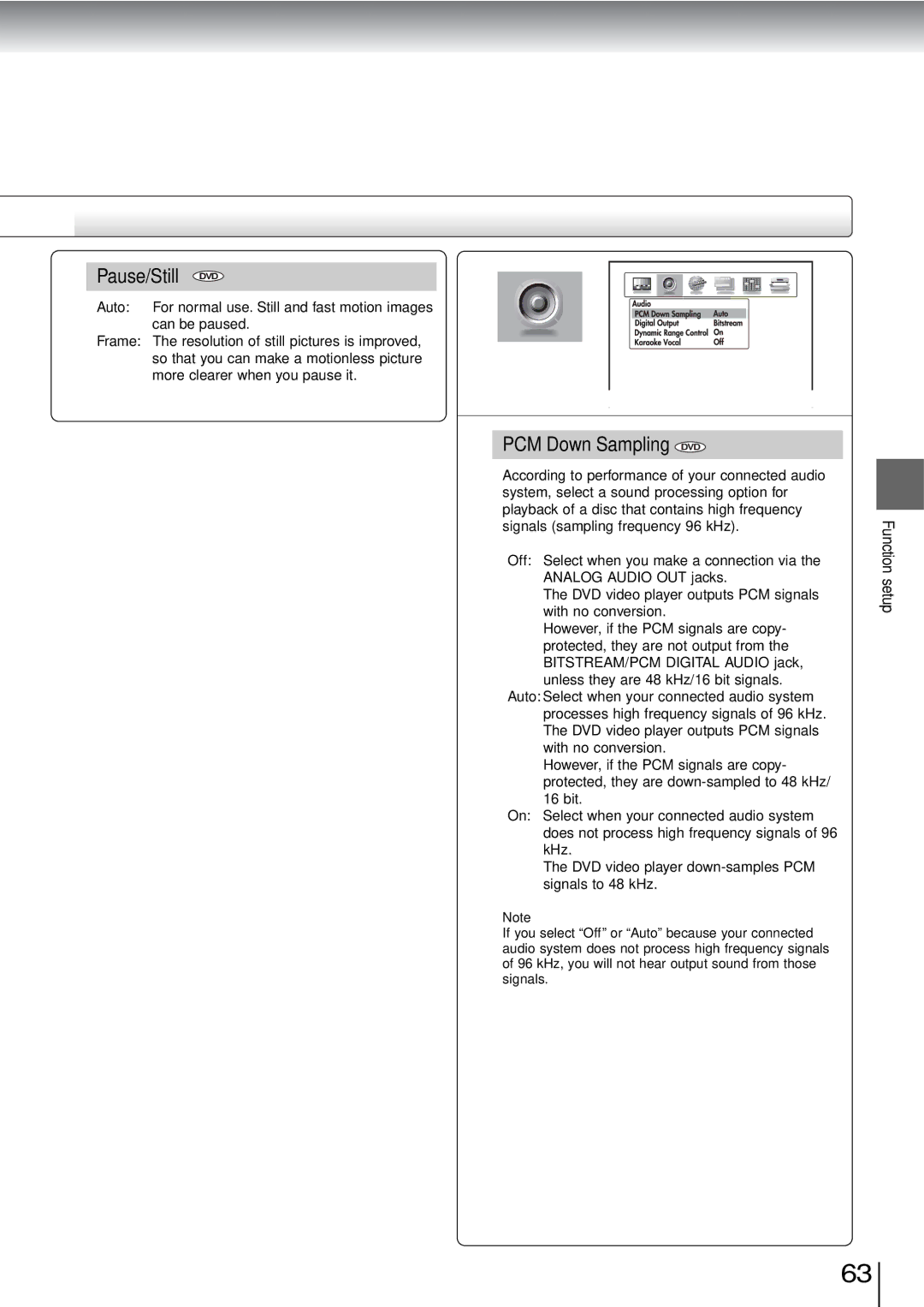 Toshiba SD-3960SU owner manual Pause/Still DVD, PCM Down Sampling DVD 