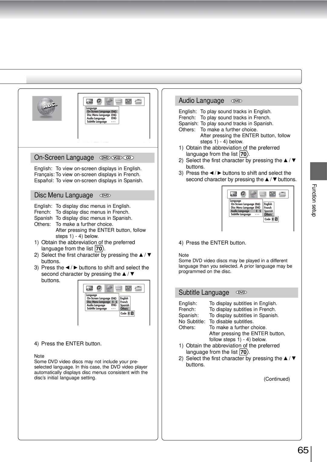 Toshiba SD-3960SU owner manual On-Screen Language, Disc Menu Language DVD, Audio Language DVD, Subtitle Language 