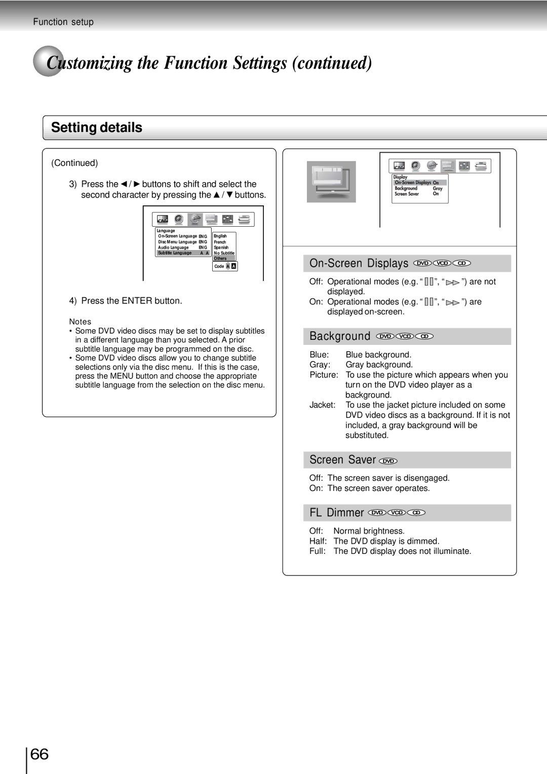 Toshiba SD-3960SU owner manual Setting details, On-Screen Displays, Background, Screen Saver DVD, FL Dimmer 