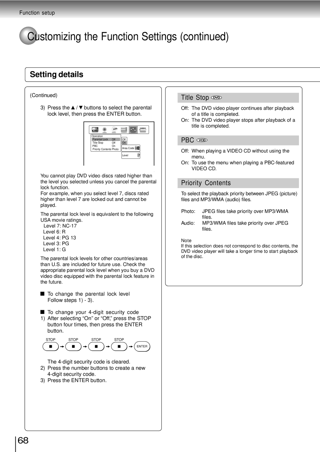 Toshiba SD-3960SU owner manual Title Stop DVD, Priority Contents 