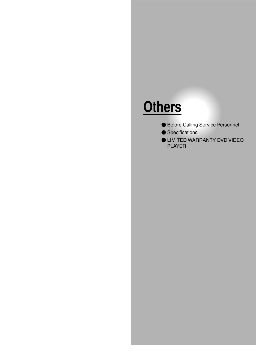 Toshiba SD-3960SU owner manual Others, Before Calling Service Personnel Specifications 