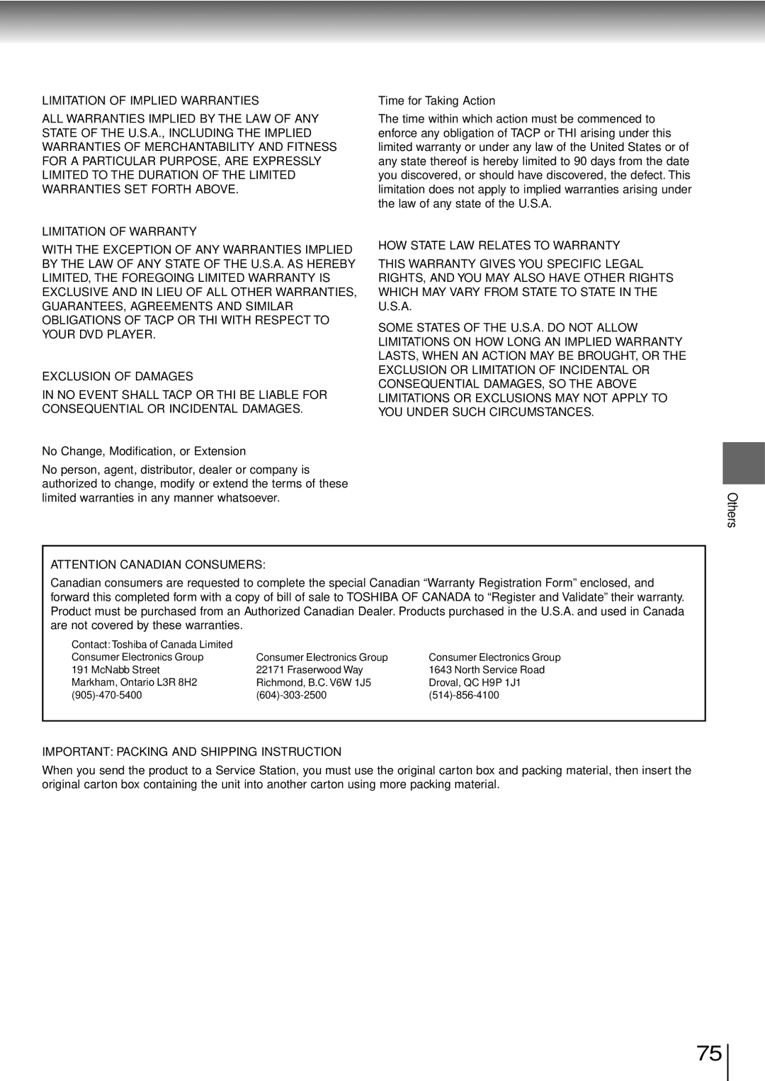 Toshiba SD-3960SU owner manual Important Packing and Shipping Instruction 