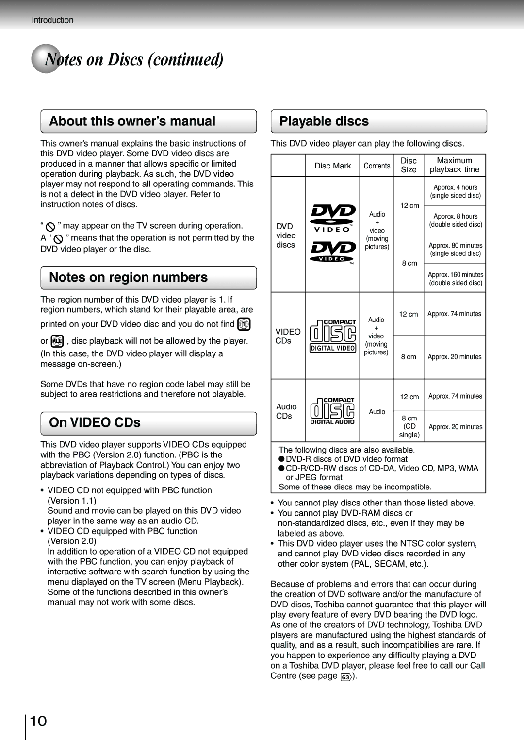 Toshiba SD-3980SU, SD-3980SC owner manual On Video CDs, Playable discs 