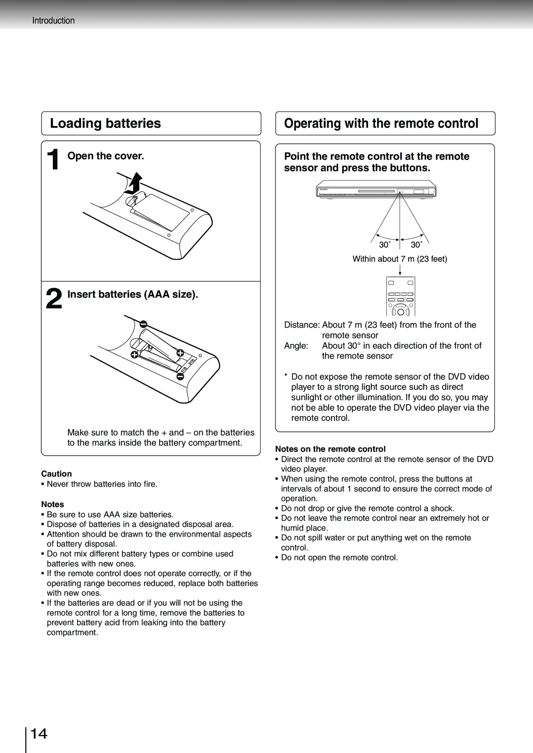 Toshiba SD-3980SU Loading batteries, Operating with the remote control, Open the cover Insert batteries AAA size 