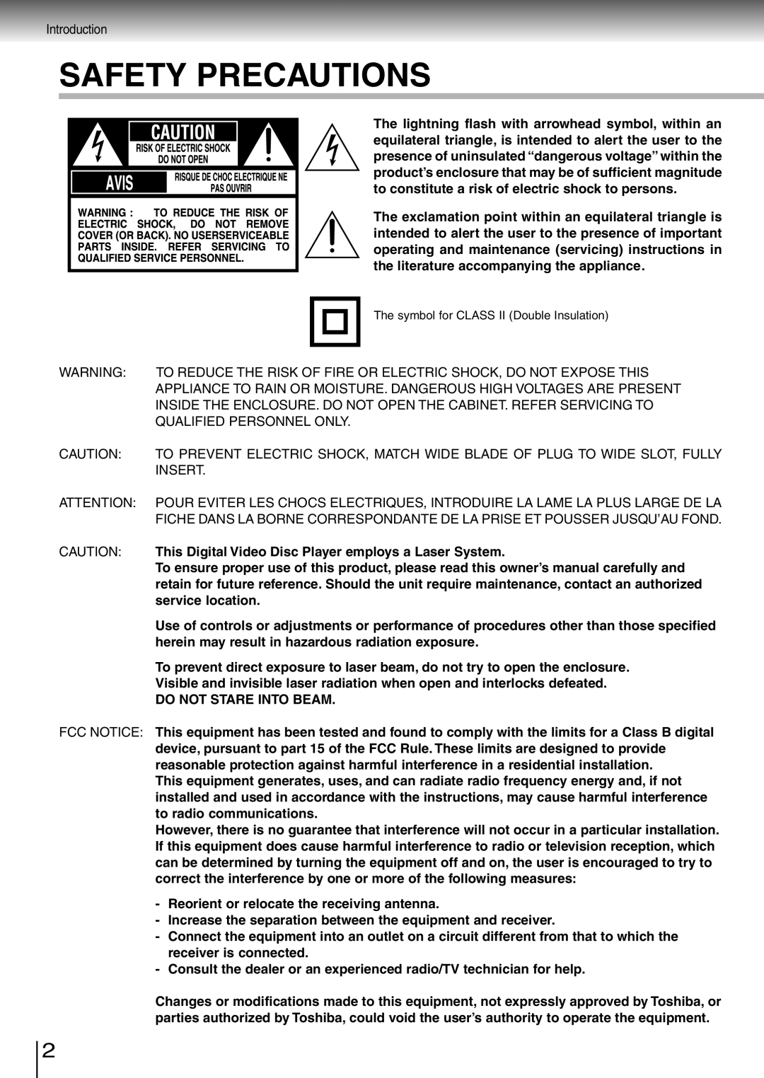 Toshiba SD-3980SU Lightning flash with arrowhead symbol, within an, Equilateral triangle, is intended to alert the user to 