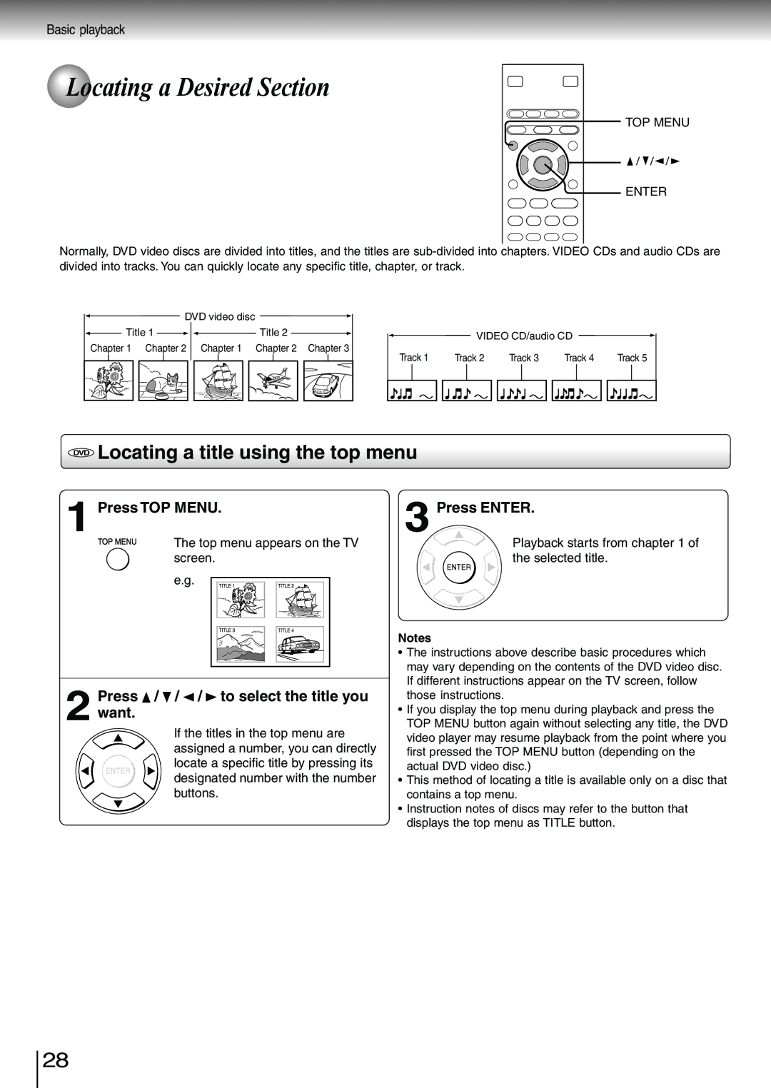 Toshiba SD-3980SC Locating a Desired Section, DVD Locating a title using the top menu, Press TOP Menu, Press Enter 