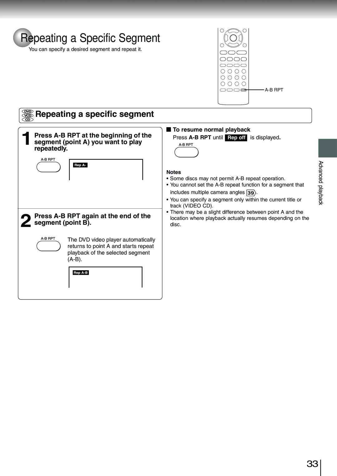 Toshiba SD-3980SC, SD-3980SU owner manual Repeating a Specific Segment, Repeating a specific segment 