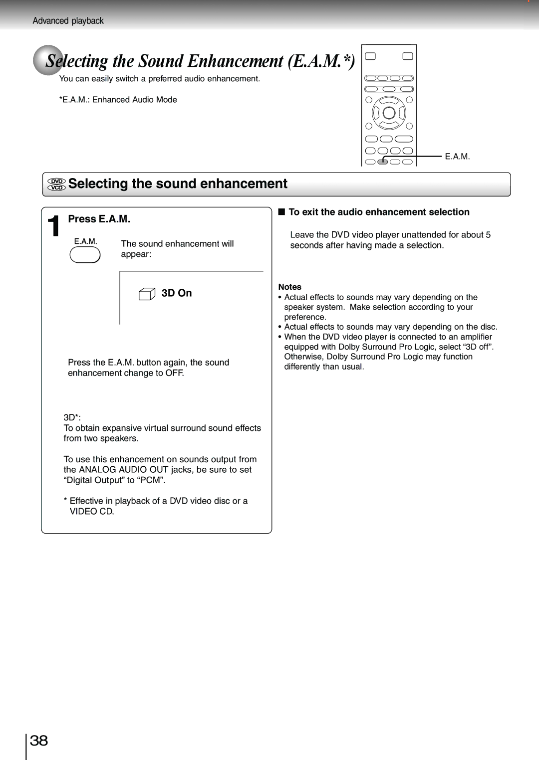 Toshiba SD-3980SU, SD-3980SC Selecting the Sound Enhancement E.A.M, Selecting the sound enhancement, Press E.A.M, 3D On 