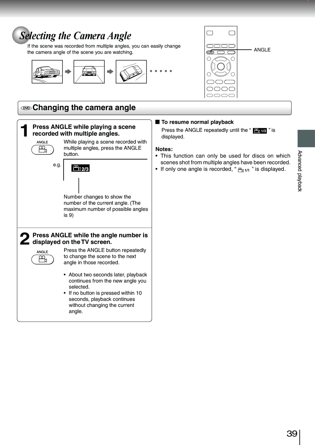 Toshiba SD-3980SC, SD-3980SU owner manual Selecting the Camera Angle, Changing the camera angle 