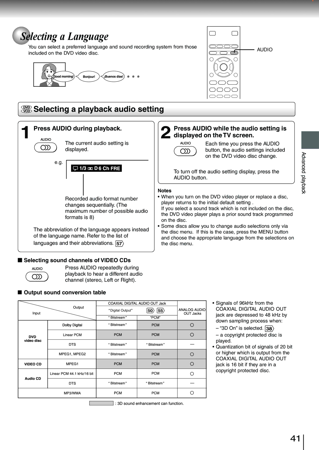 Toshiba SD-3980SC, SD-3980SU Selecting a Language, Selecting a playback audio setting, Press Audio during playback 