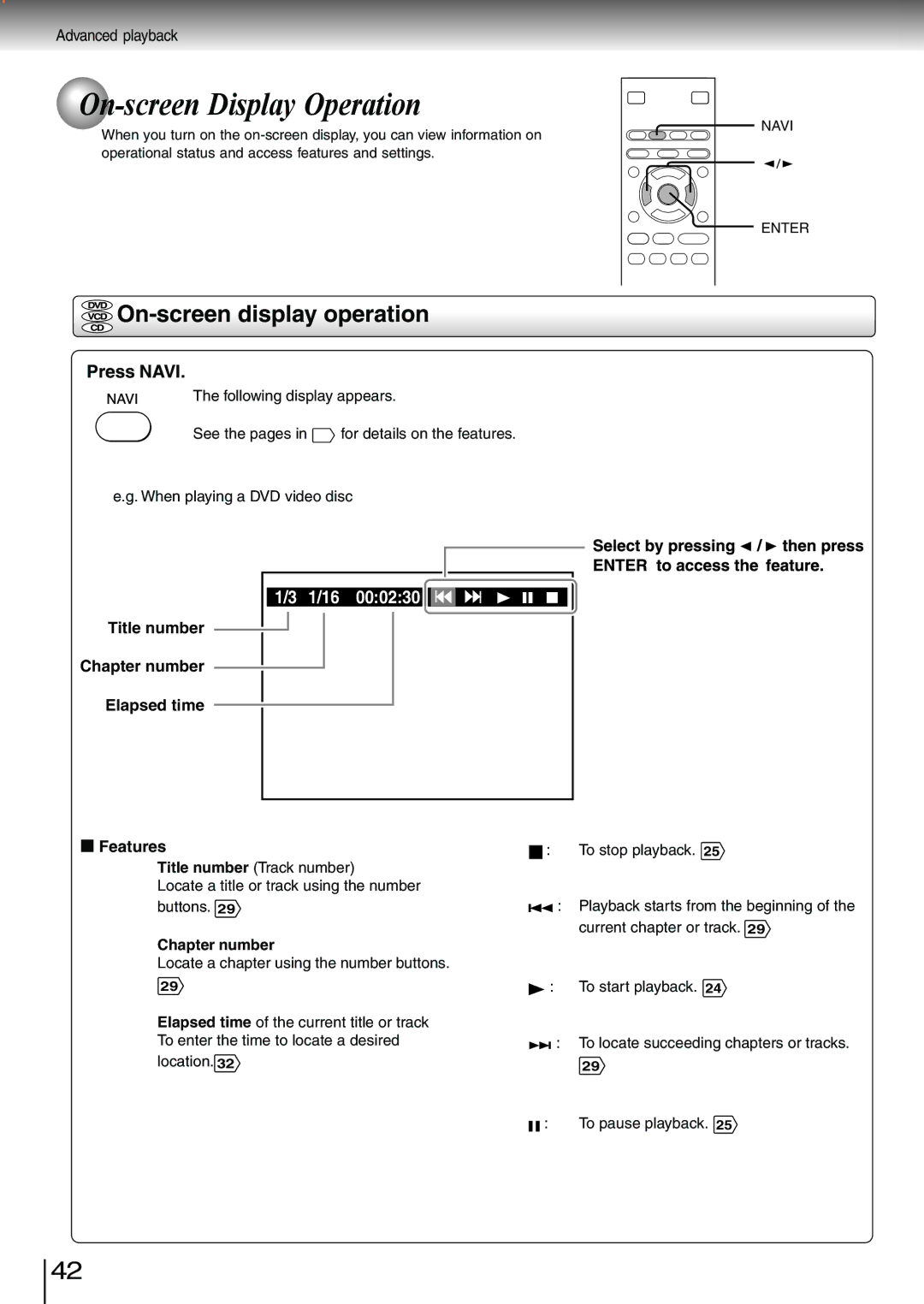 Toshiba SD-3980SU, SD-3980SC owner manual On-screen Display Operation, On-screen display operation, Press Navi, Features 