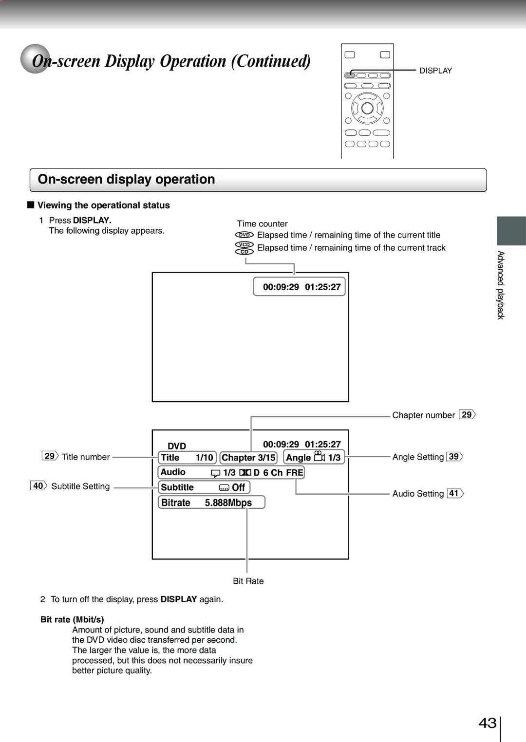 Toshiba SD-3980SC, SD-3980SU owner manual Off, Bitrate, Viewing the operational status, 888Mbps 