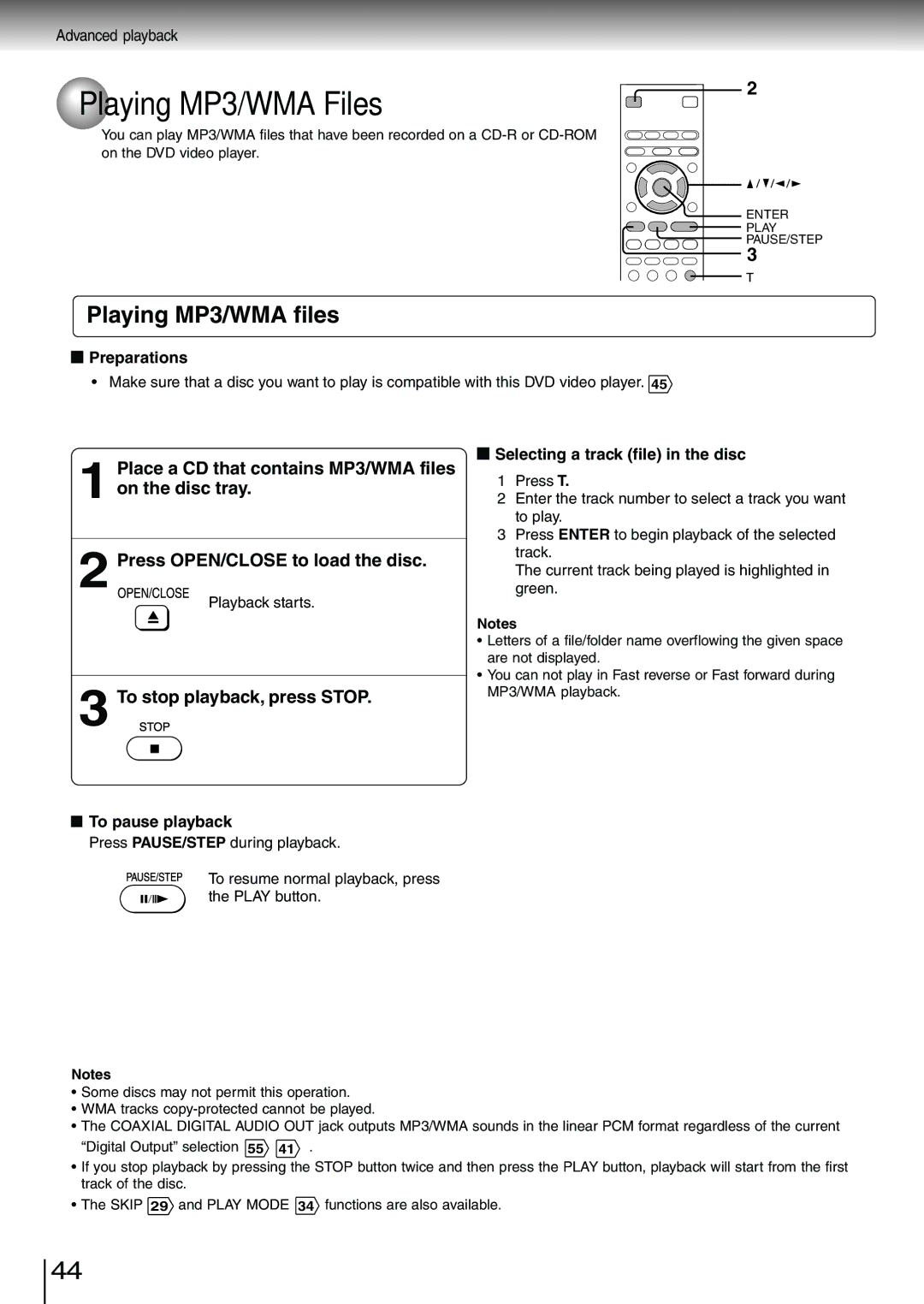 Toshiba SD-3980SU, SD-3980SC owner manual Playing MP3/WMA Files, Playing MP3/WMA files 