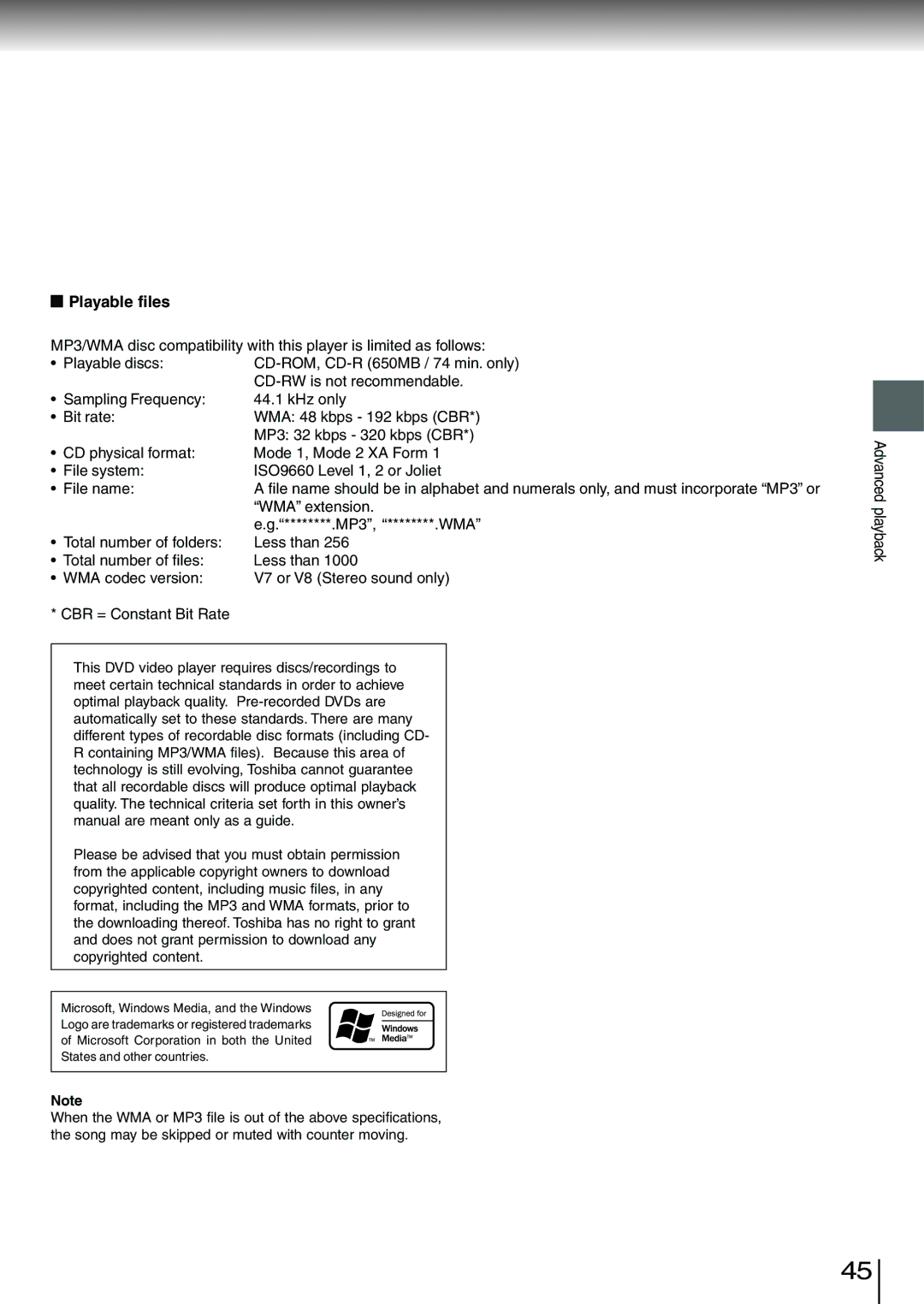 Toshiba SD-3980SC, SD-3980SU owner manual Playable files 