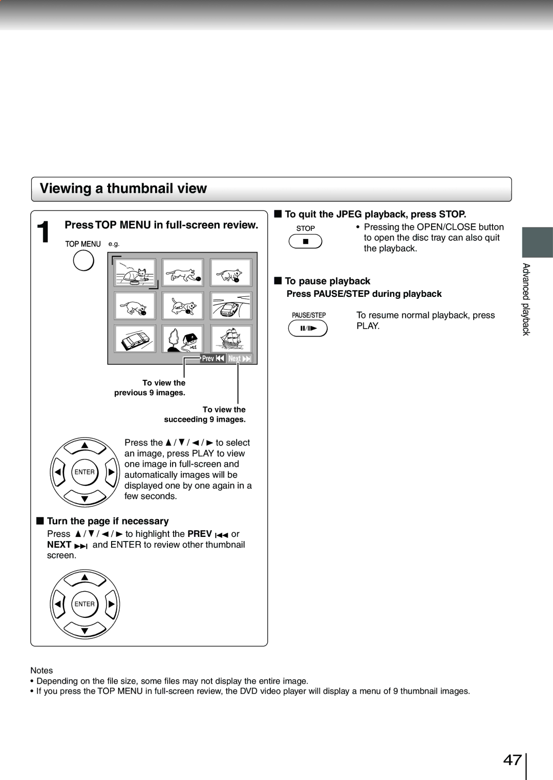 Toshiba SD-3980SC, SD-3980SU Viewing a thumbnail view, Press TOP Menu in full-screen review, Turn the page if necessary 