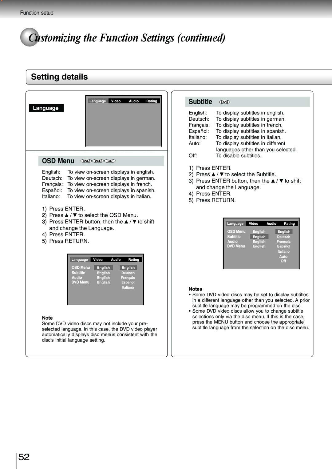 Toshiba SD-3980SU, SD-3980SC owner manual Setting details, OSD Menu 