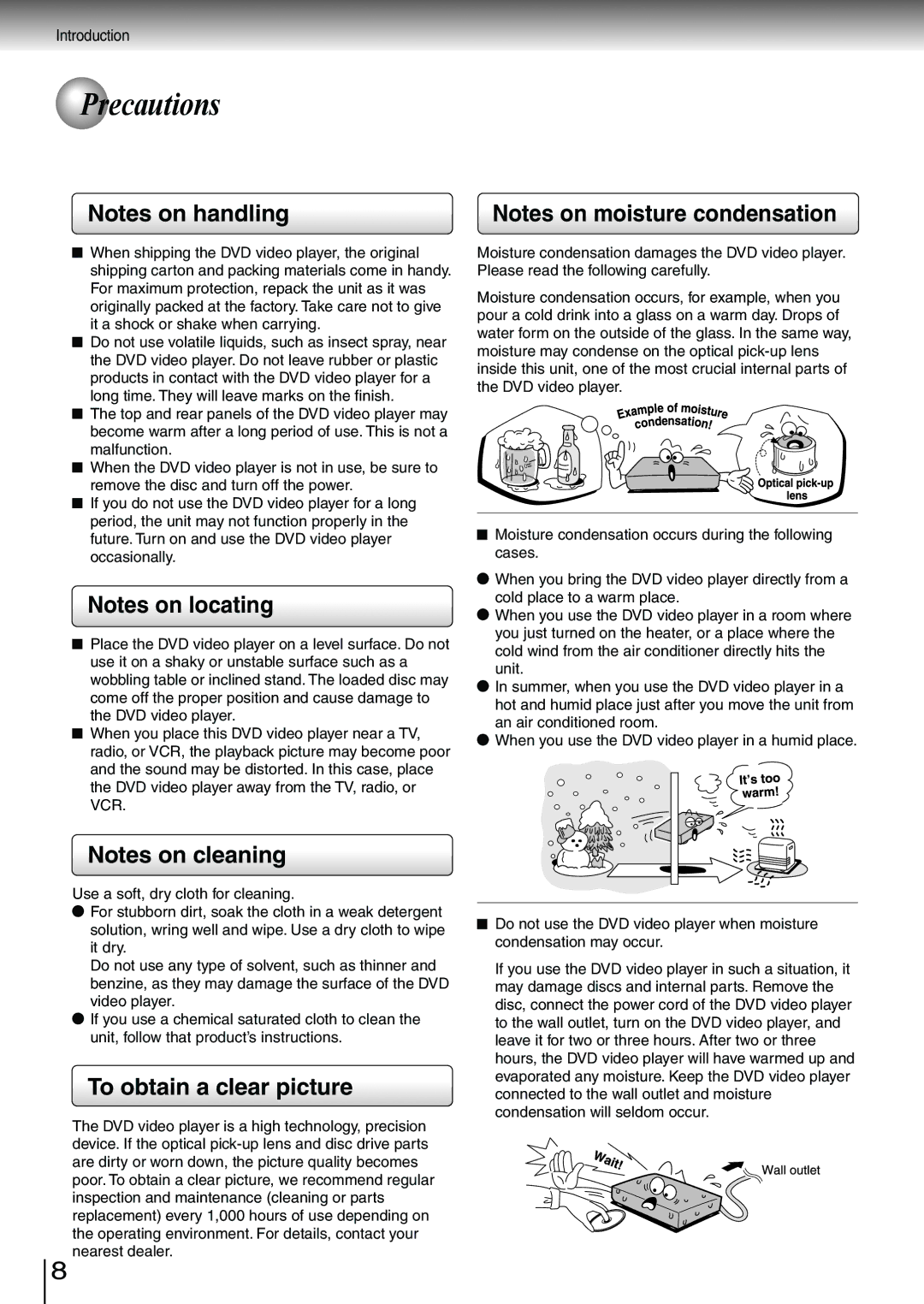 Toshiba SD-3980SU, SD-3980SC owner manual Precautions, To obtain a clear picture 