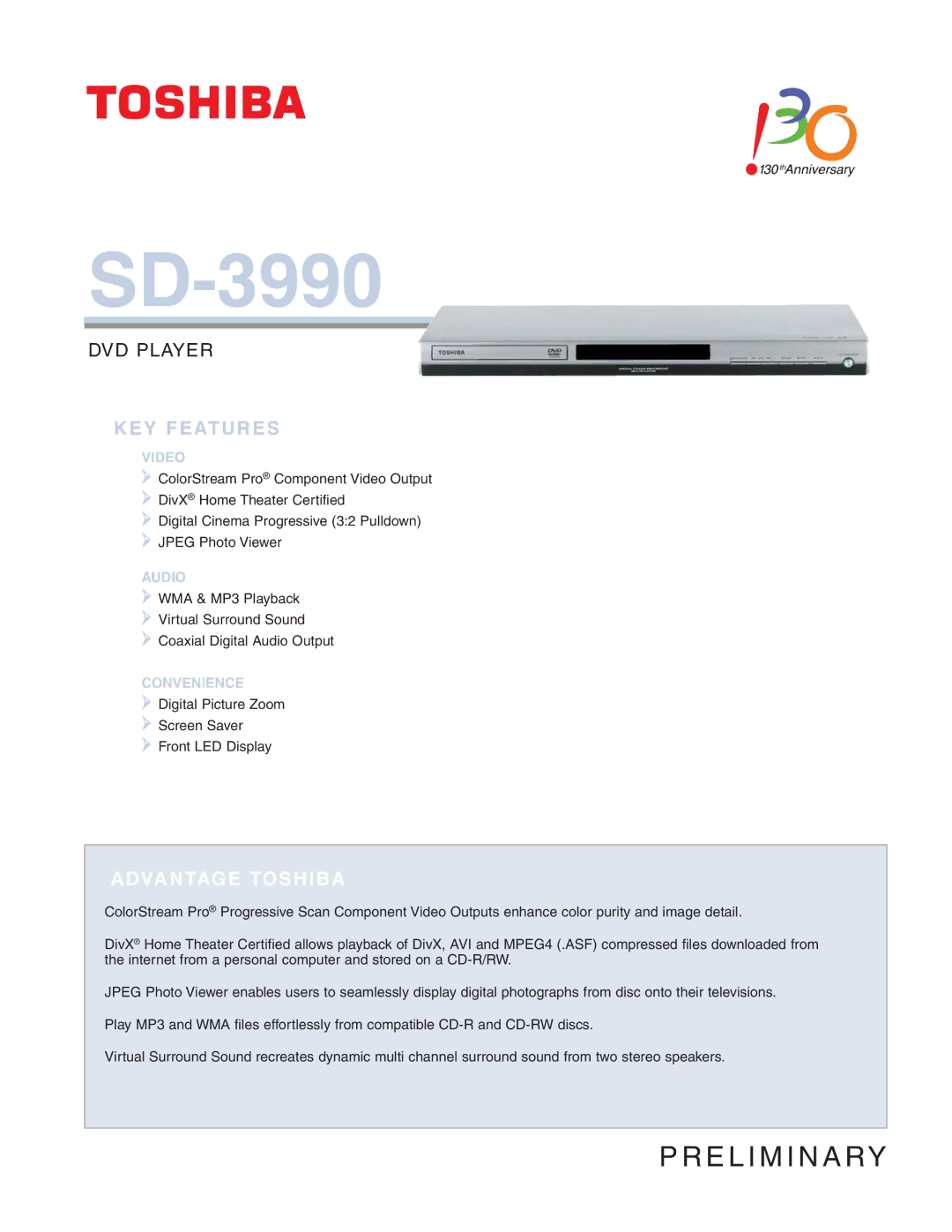 Toshiba SD-3990 manual KEY Features 