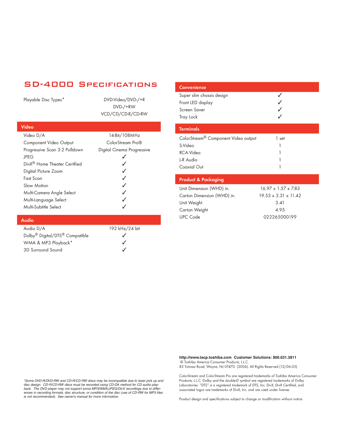 Toshiba manual SD-4000 Specifications 