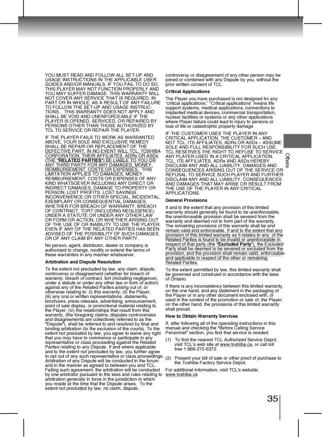 Toshiba SD-4000KU manual Arbitration and Dispute Resolution, Critical Applications, General Provisions 