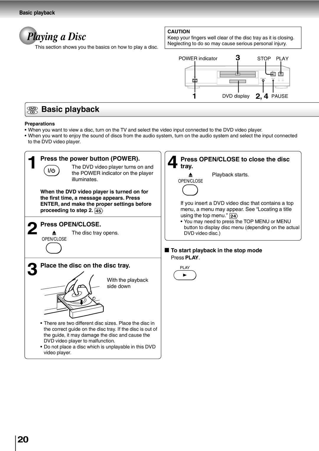 Toshiba SD-400V, SD-K600 owner manual Playing a Disc, Basic playback 