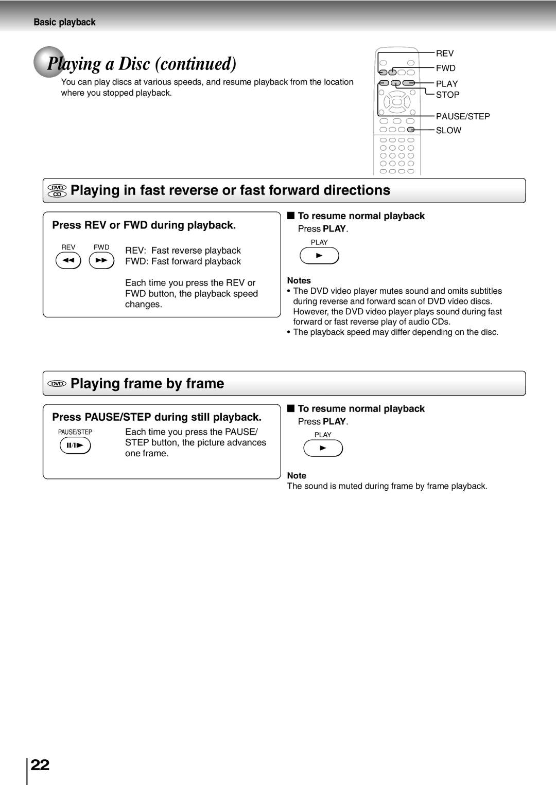 Toshiba SD-400V, SD-K600 owner manual Dvdcd Playing in fast reverse or fast forward directions, DVD Playing frame by frame 