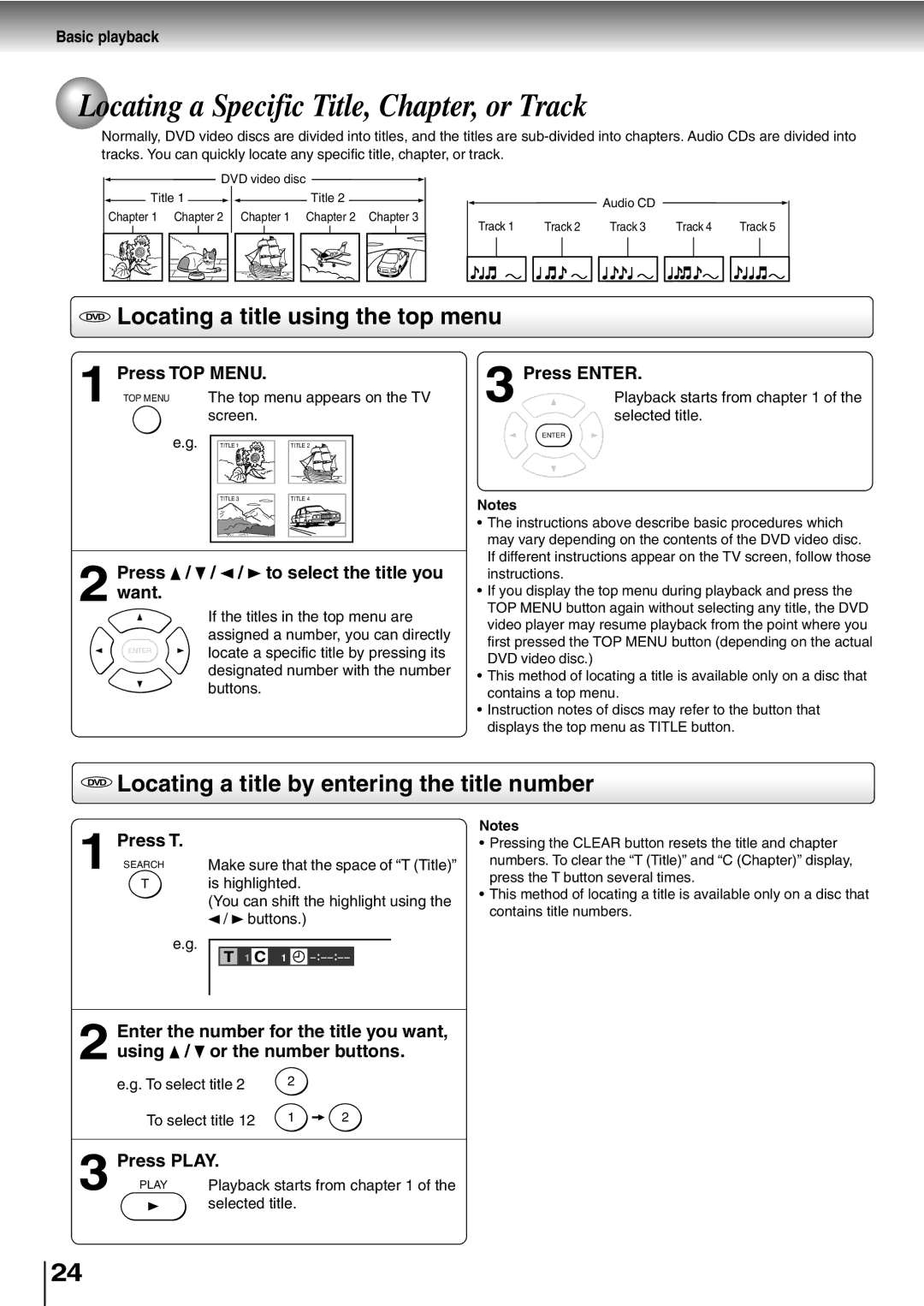 Toshiba SD-400V, SD-K600 owner manual Locating a Specific Title, Chapter, or Track, DVD Locating a title using the top menu 