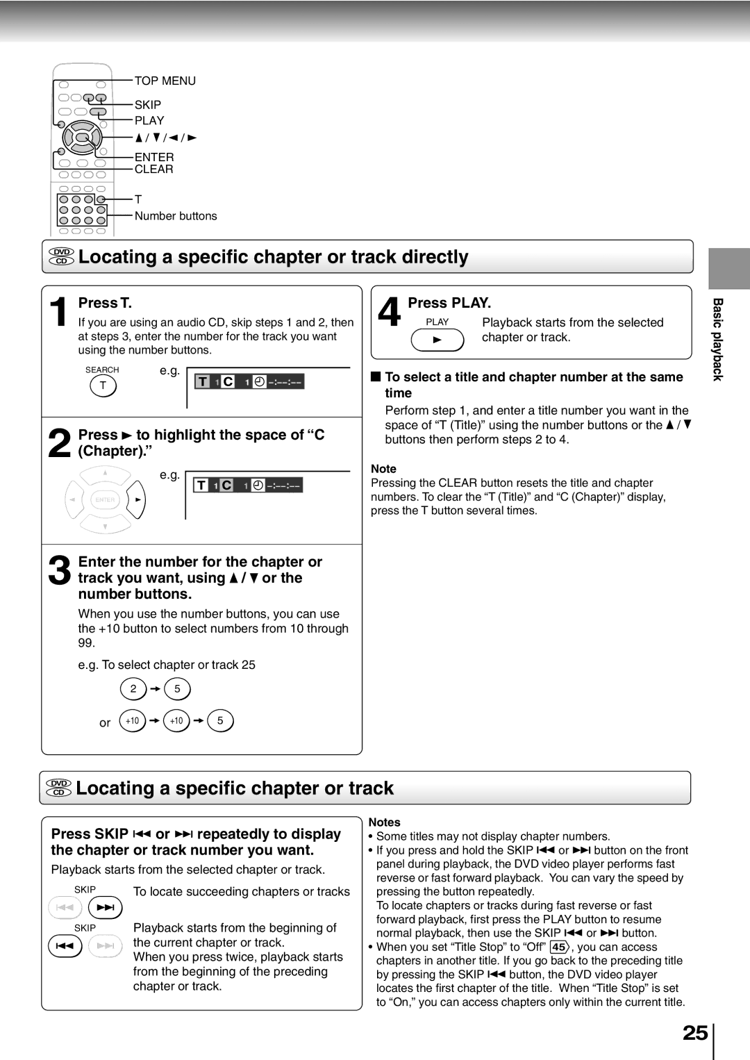 Toshiba SD-K600, SD-400V DVD Locating a specific chapter or track directly, CD Locating a specific chapter or track 