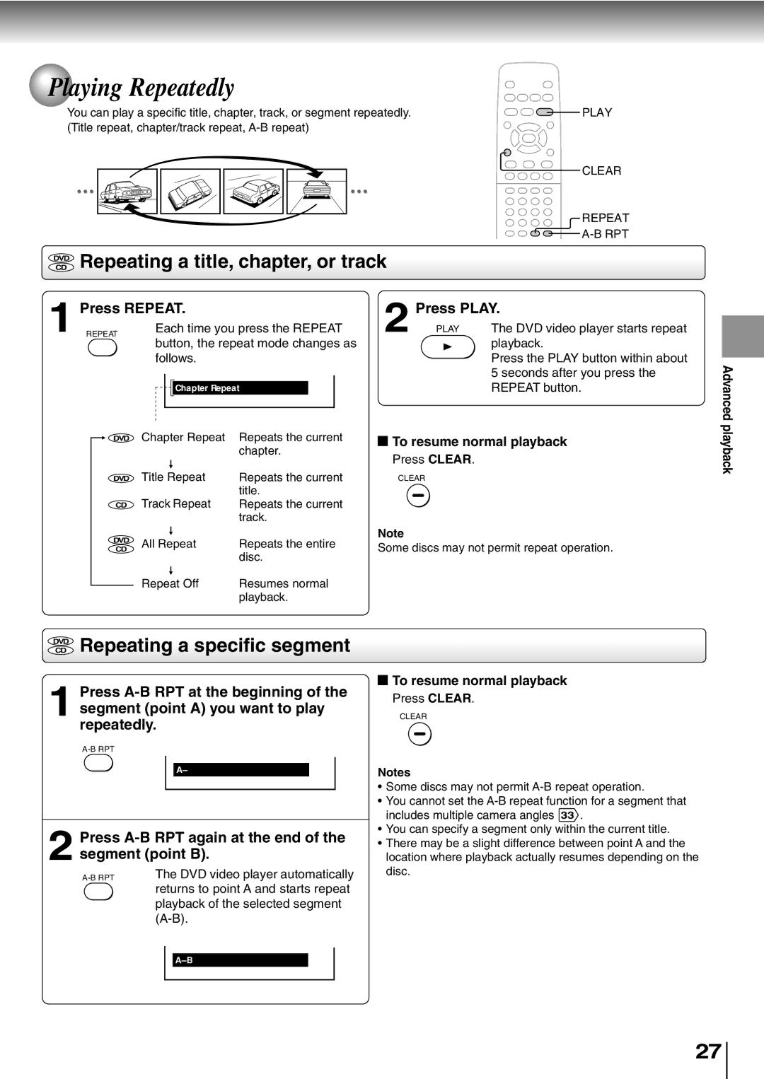 Toshiba SD-K600 Playing Repeatedly, Dvdcd Repeating a title, chapter, or track, Dvdcd Repeating a specific segment 