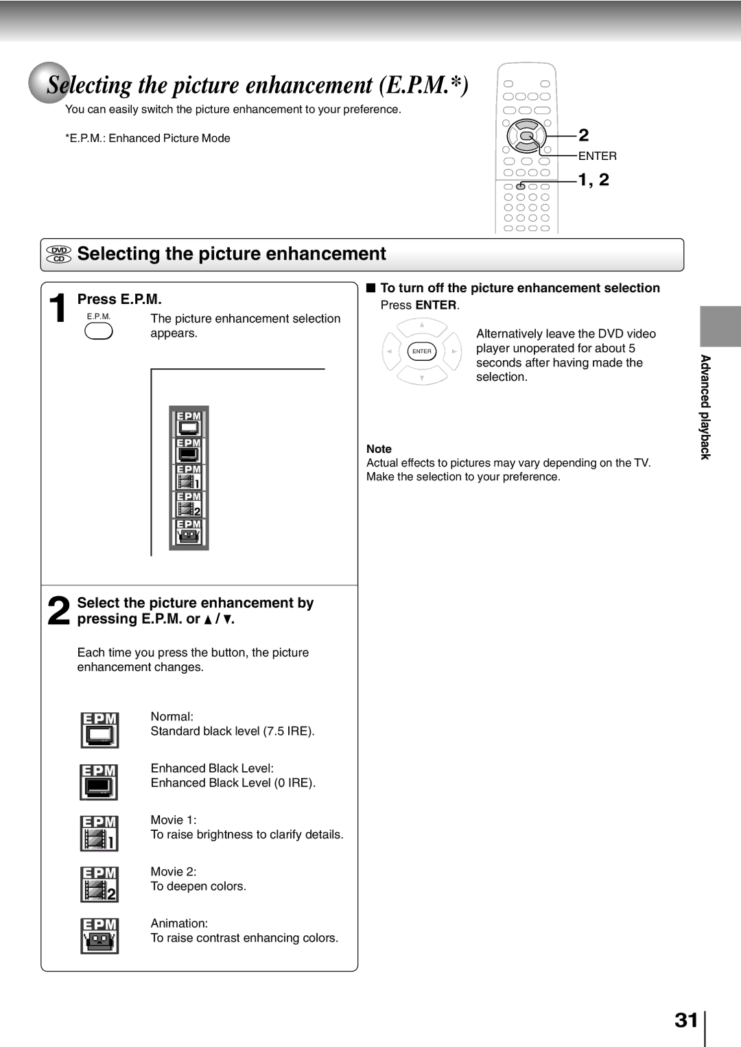 Toshiba SD-K600 Selecting the picture enhancement E.P.M, Press E.P.M, Select the picture enhancement by pressing E.P.M. or 