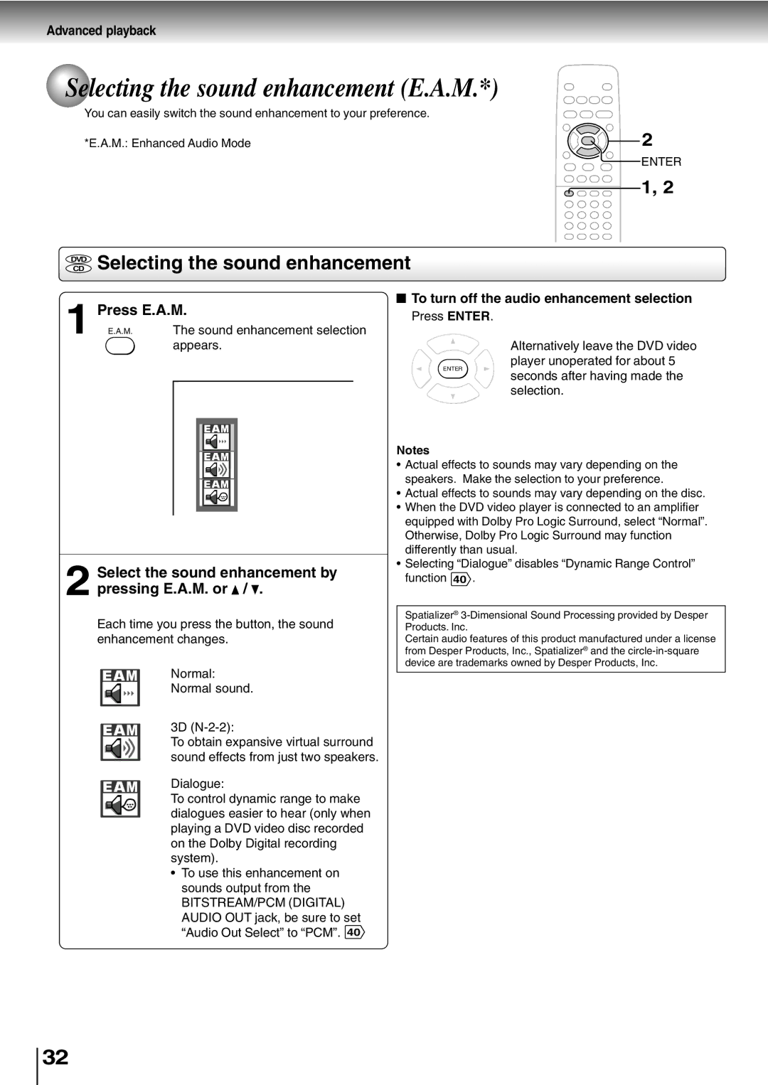 Toshiba SD-400V, SD-K600 Selecting the sound enhancement E.A.M, Dvdcd Selecting the sound enhancement, Press E.A.M 