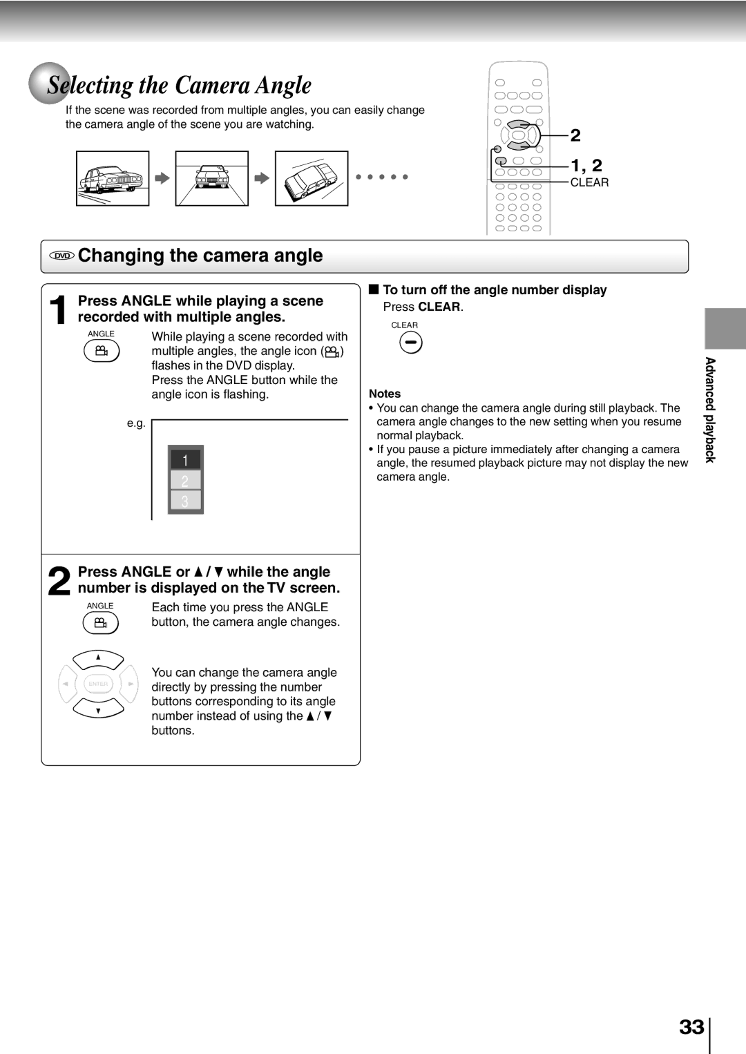 Toshiba SD-K600, SD-400V owner manual Selecting the Camera Angle, Changing the camera angle 