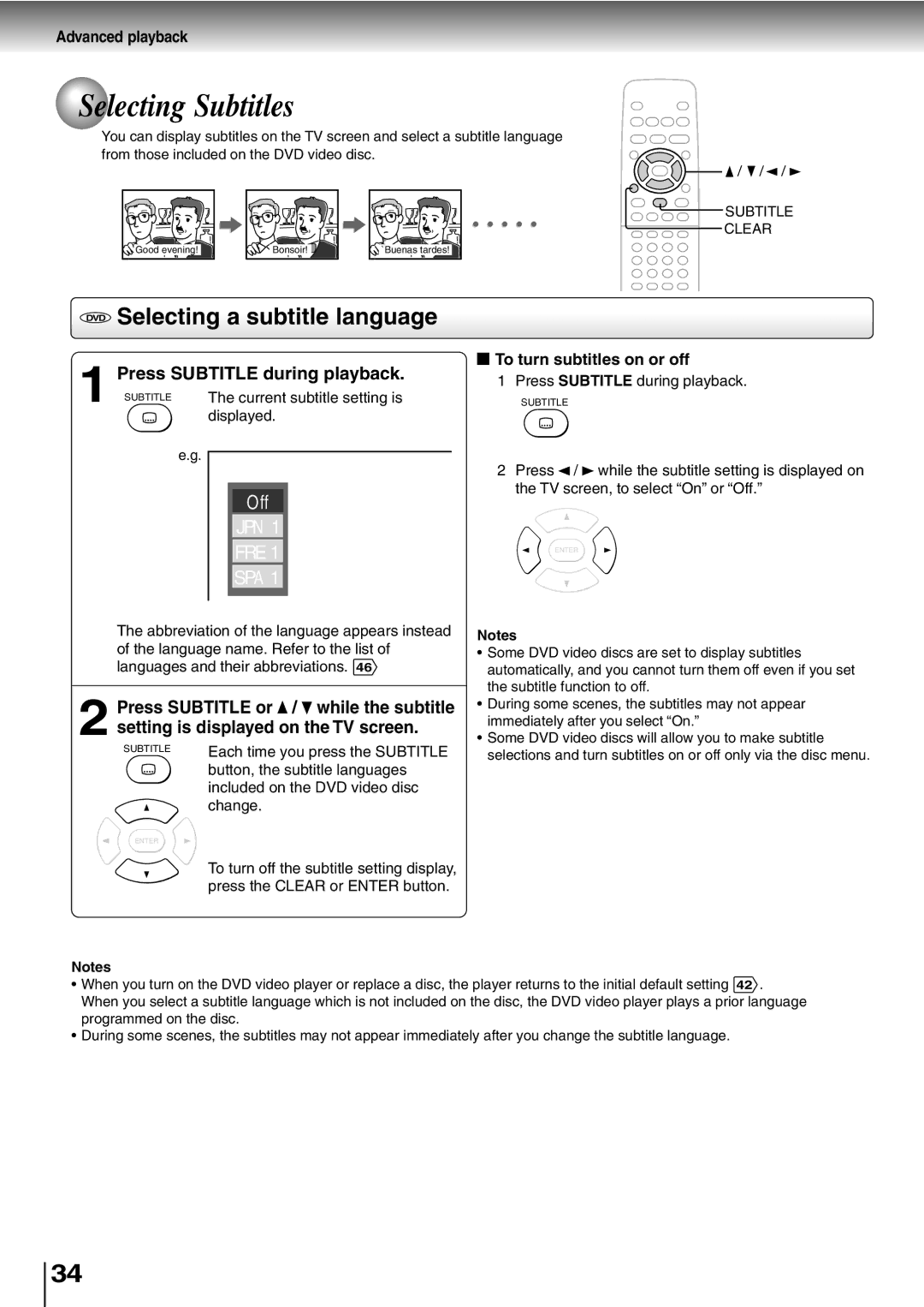 Toshiba SD-400V, SD-K600 owner manual Selecting Subtitles, Selecting a subtitle language, Press Subtitle during playback 