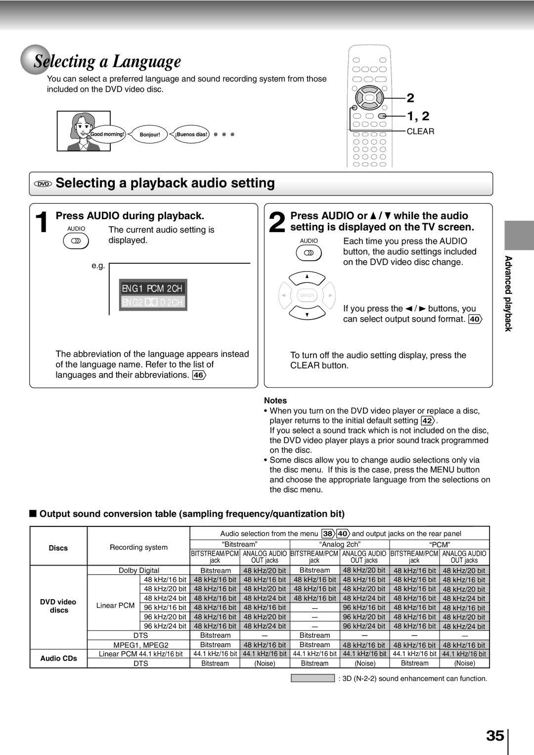 Toshiba SD-K600, SD-400V Selecting a Language, DVD Selecting a playback audio setting, Press Audio during playback 