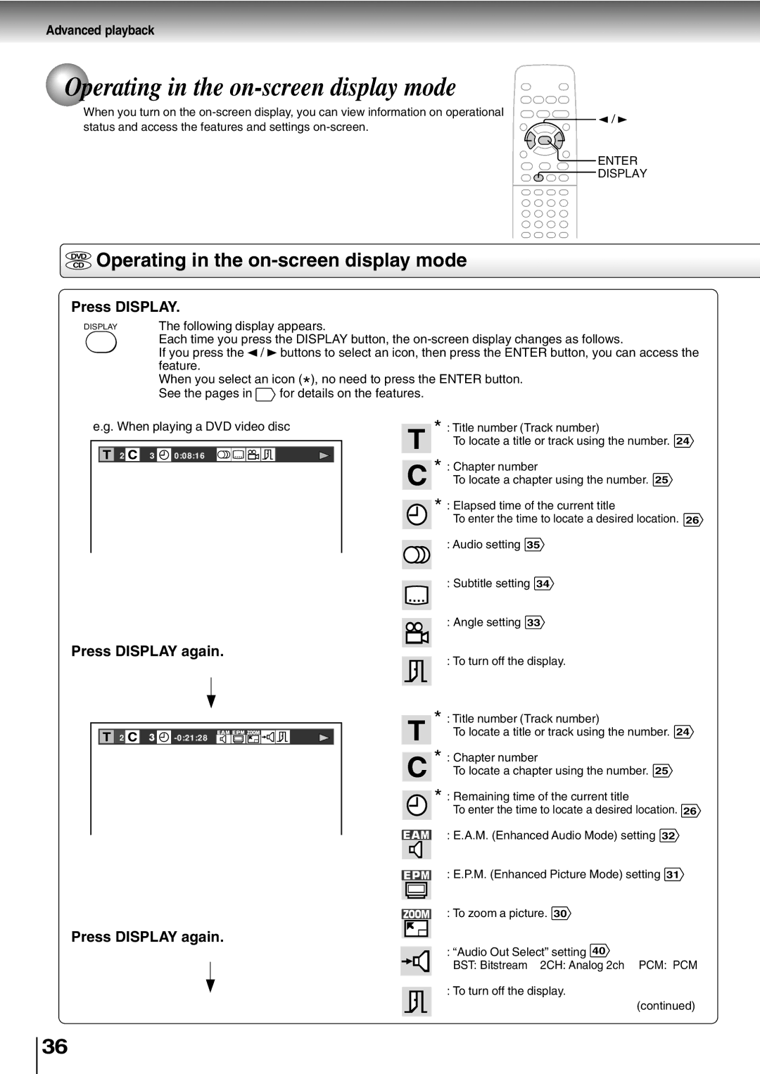 Toshiba SD-400V, SD-K600 owner manual Dvdcd Operating in the on-screen display mode, Press Display again 