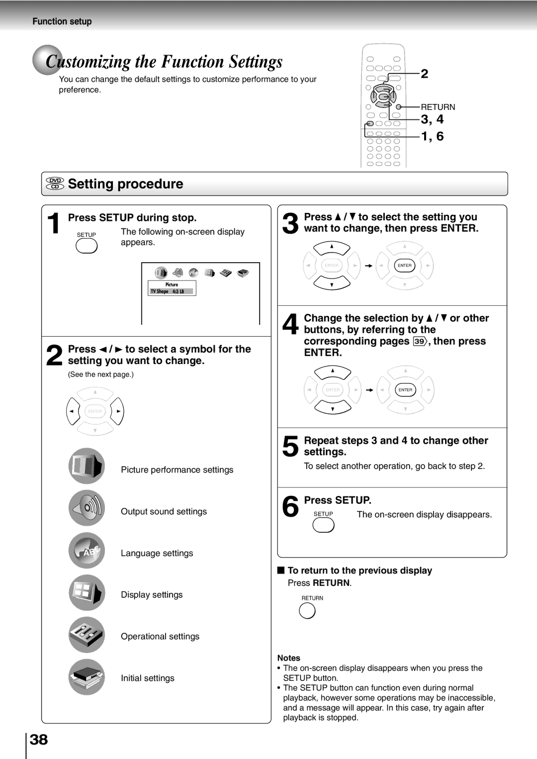 Toshiba SD-400V, SD-K600 owner manual Customizing the Function Settings, CD Setting procedure, Press Setup during stop 