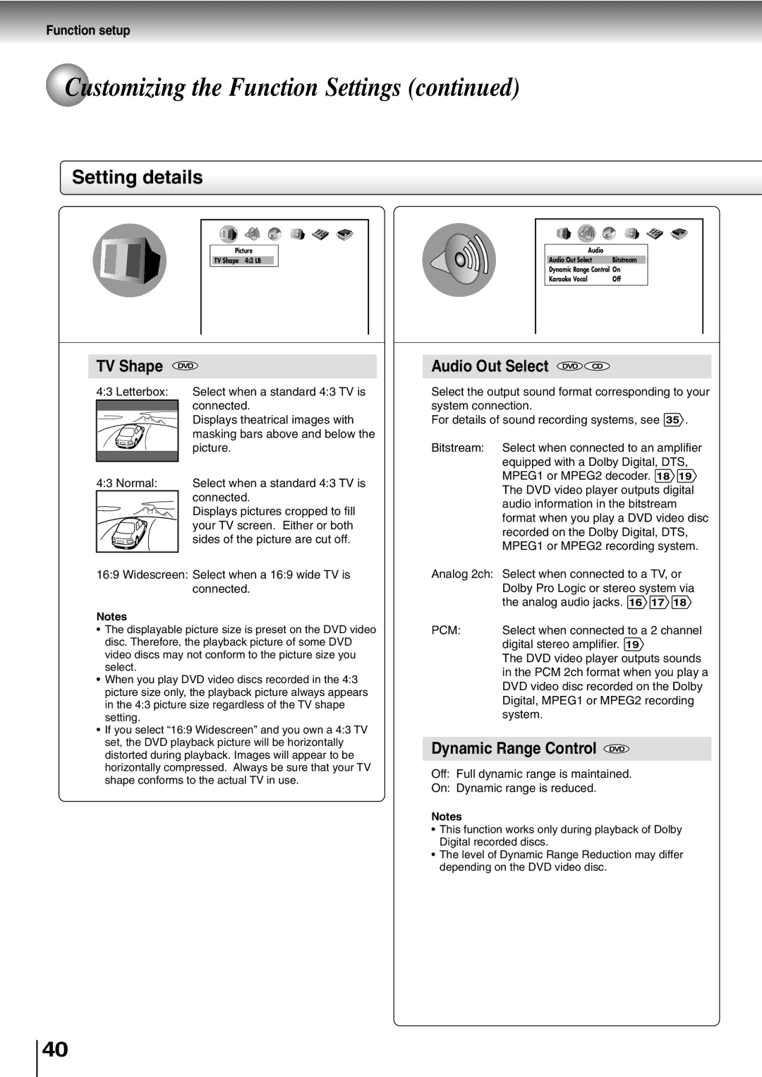 Toshiba SD-400V, SD-K600 owner manual Setting details, TV Shape, Audio Out Select DVD CD, Dynamic Range Control DVD 