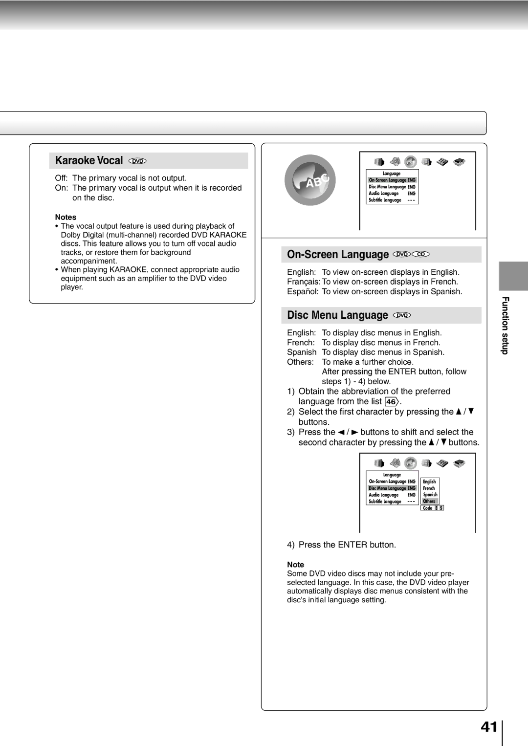 Toshiba SD-K600, SD-400V owner manual Karaoke Vocal DVD, On-Screen Language DVD CD, Disc Menu Language DVD 