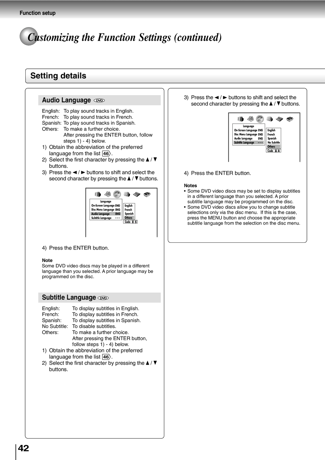 Toshiba SD-400V, SD-K600 owner manual Audio Language DVD, Subtitle Language DVD 