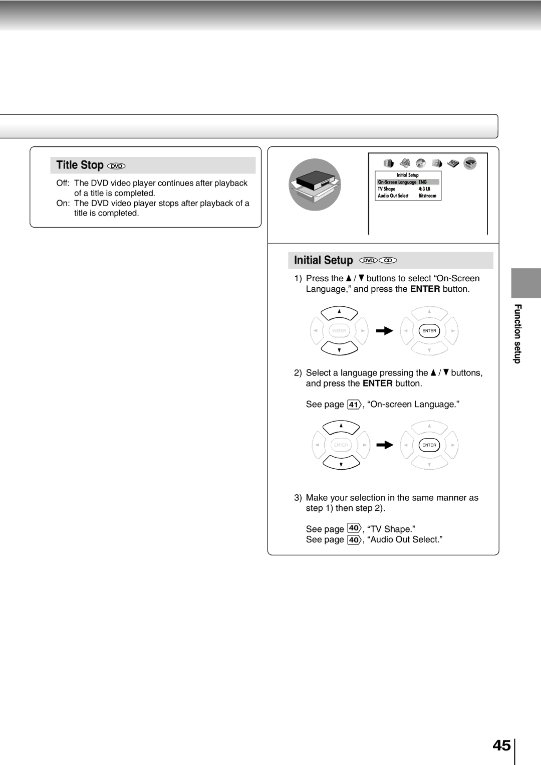 Toshiba SD-K600, SD-400V owner manual Title Stop DVD, Initial Setup 