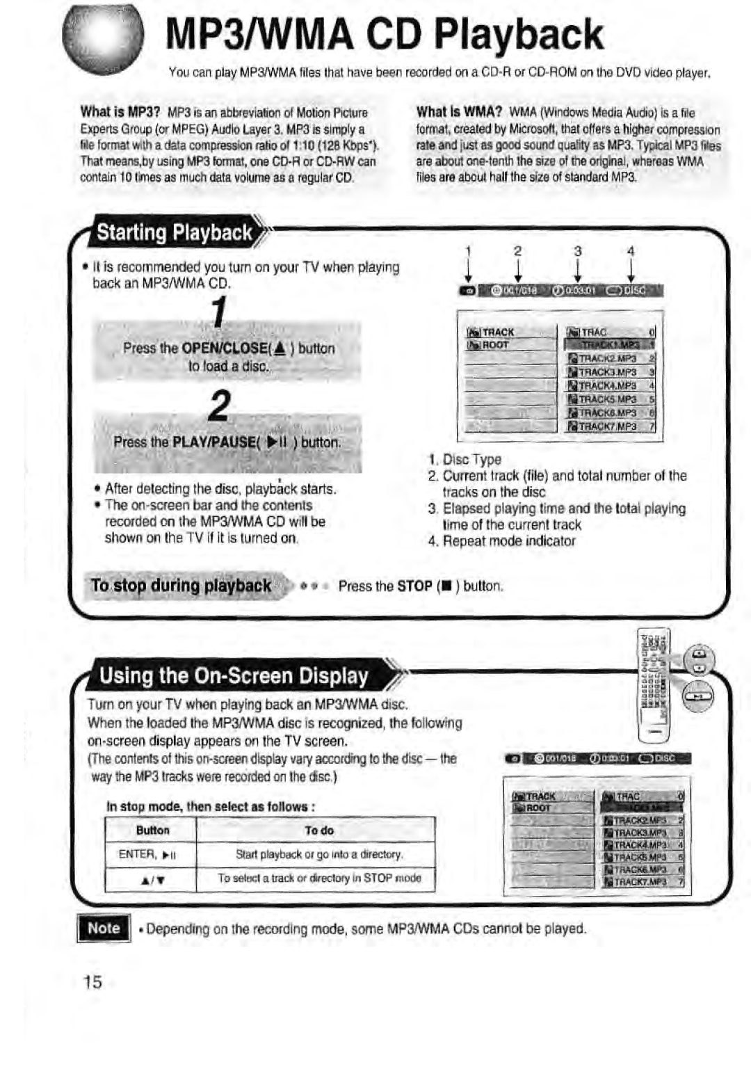 Toshiba SD-43HK owner manual MP3/WMA CD Playback, Starting Playback2, Using the On-Screen Display, To stop during playback 