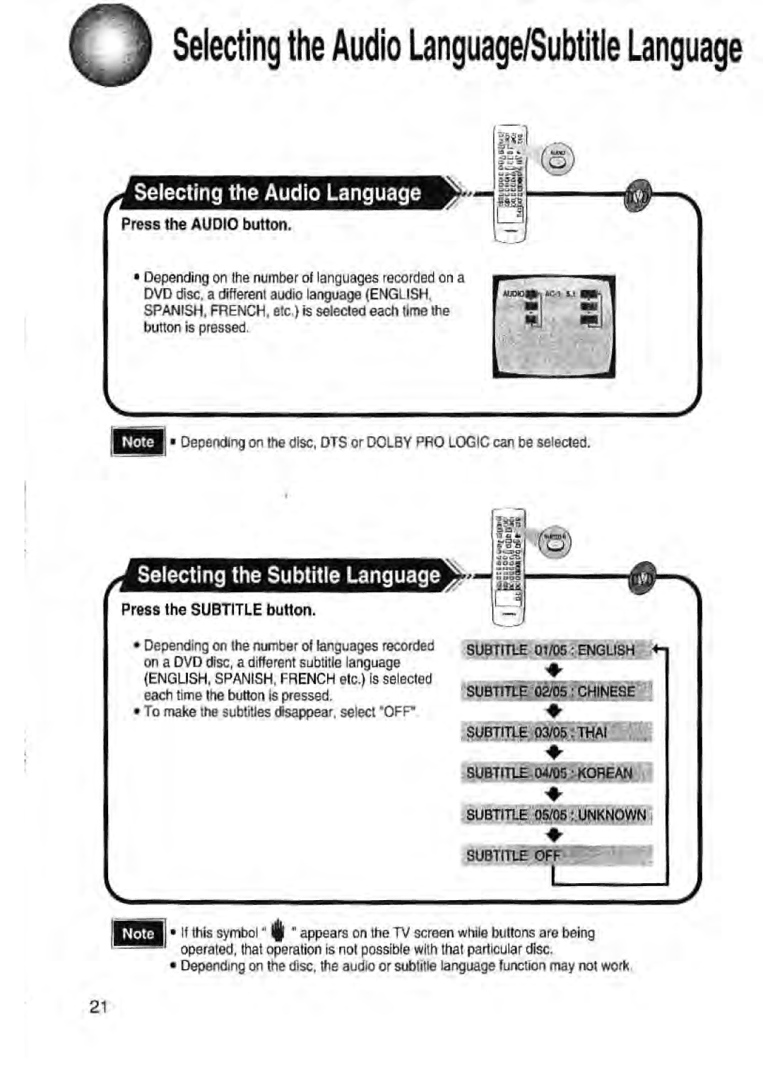 Toshiba SD-43HK owner manual Selecting the Audio Language, Selecting the Subtitle Language, Press the Audio button 