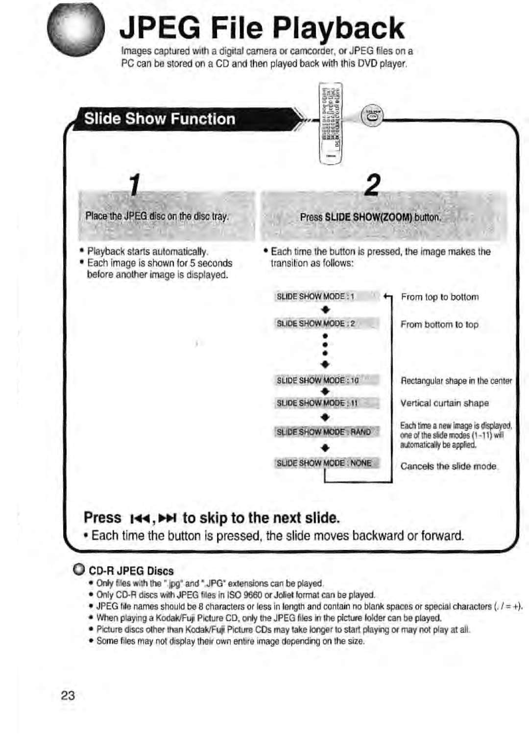 Toshiba SD-43HK Slide Show Function, Press m , II to skip to the next slide, CD-R Jpeg Discs, From top to bottom 