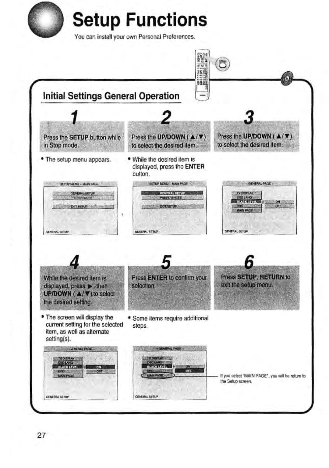 Toshiba SD-43HK Initial Settings General Operation, Nttrr tn. &4, Press the UP/DOWN a, To select the desired Item, Steps 