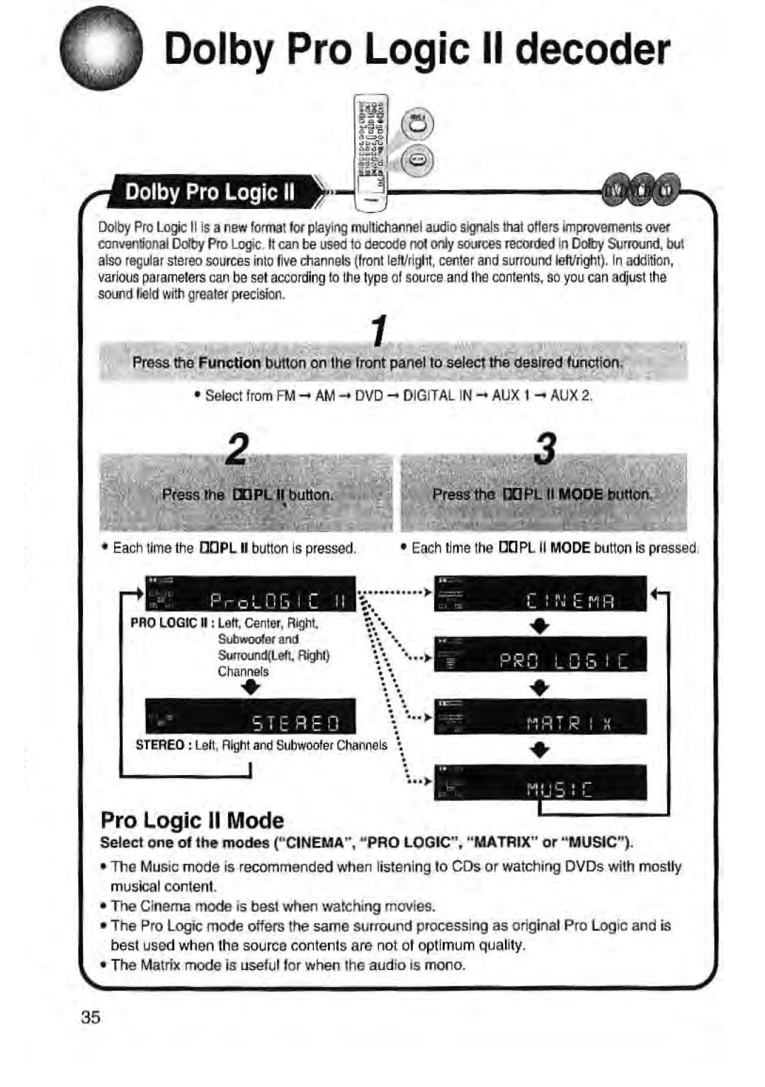 Toshiba SD-43HK owner manual Dolby Pro Logic II decoder, Pro Logic II Mode, Each time the Dejpl II Mode button is pressed 