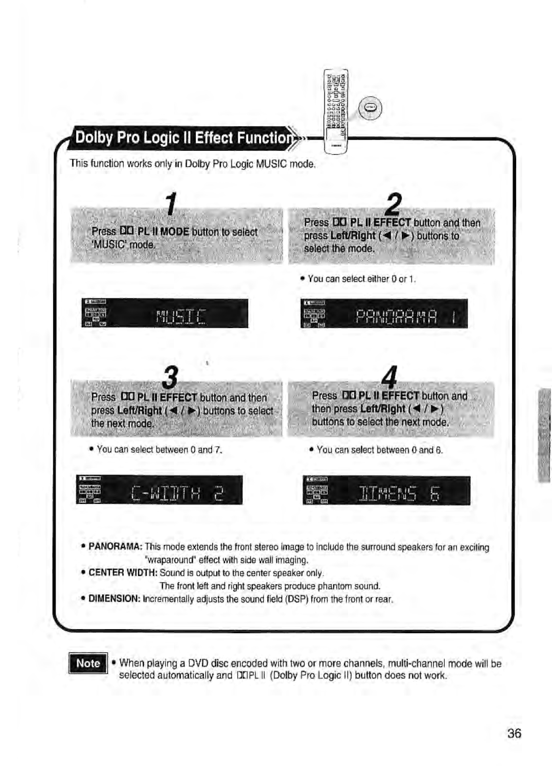 Toshiba SD-43HK owner manual Dolby Pro Logic II Effect Functio, You can select between 0 