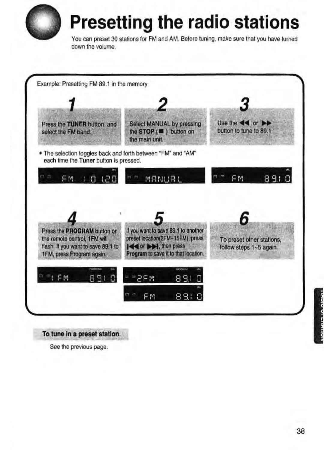 Toshiba SD-43HK Presetting the radio stations, FM B9.i U, Example Presetting FM 89 in the memory, Select the FM band 