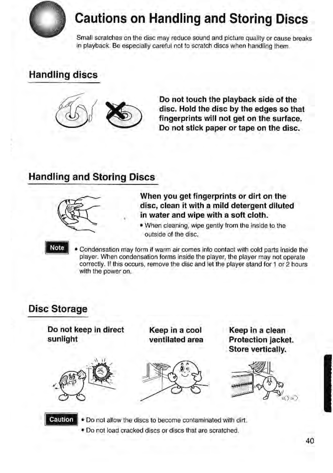 Toshiba SD-43HK owner manual Handling and Storing Discs, Disc Storage, Handling discs 