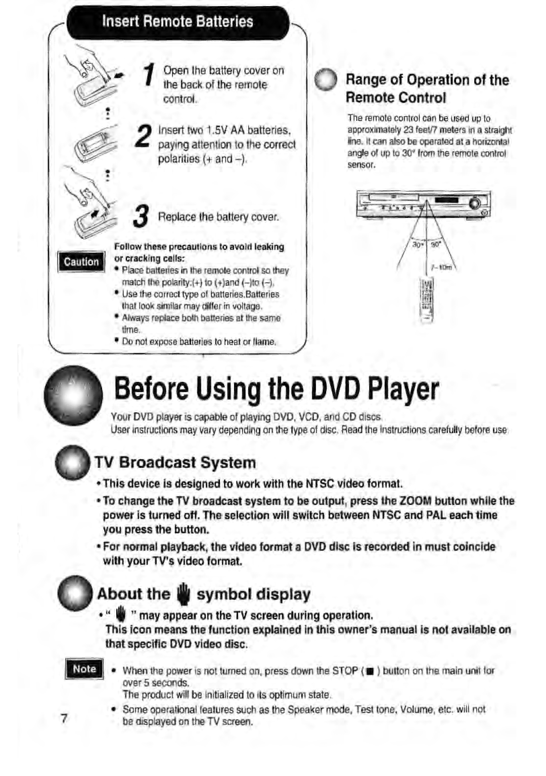 Toshiba SD-43HK Insert Remote Batteries, Replace the battery cover, Paying attention to the correct polarities + 